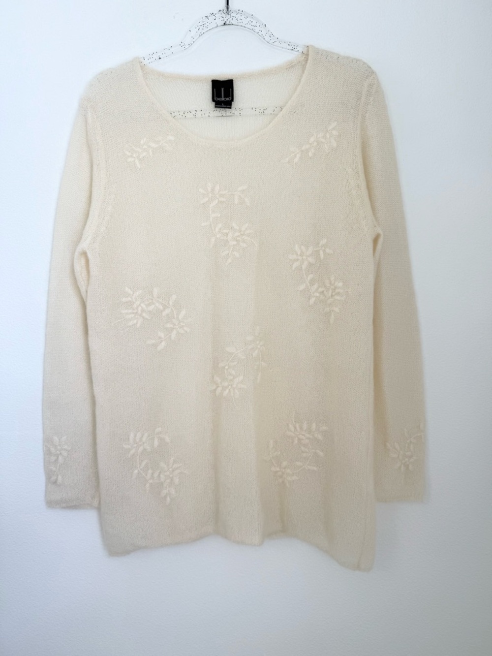 Belford Ivory Long Sleeve Embroidered Mohair Merino Wool Blend Size L Sheer